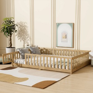 TIRAMISUBEST Twin/Full/Queen Size Floor Bed with Fence and Door, Rubber Wood Floor Platform Bed Montessori Bed Toddler Bed with Safety Guardrails - 1 of 4