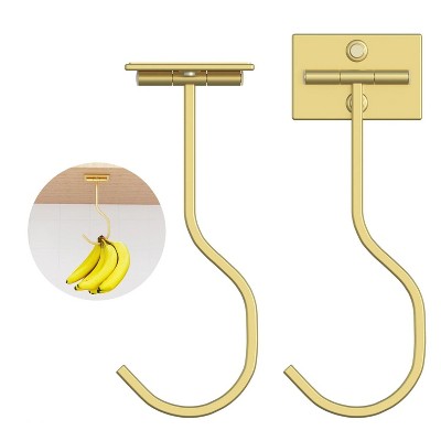 LunaLulinlk 2-Pack Self Adhesive Banana Hook, Metal Banana Hanger Hook,Under Cabinet Hook For Bananas Or Kitchen Items Gold