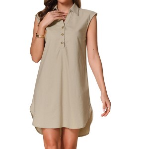 INSPIRE CHIC Women's Summer Linen Sleeveless V Neck Collared Casual Slit Beach Tunic Mini Dress - 1 of 4