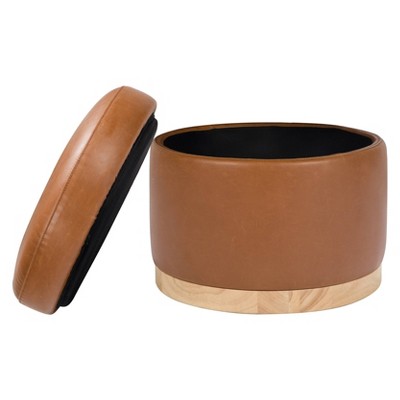 Naka 21.75'' Vegan Tan Leather Storage Ottoman with Light Wood Base