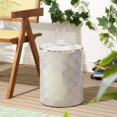 White and Gold Fish Scale Ceramic Garden Stool, 17"
