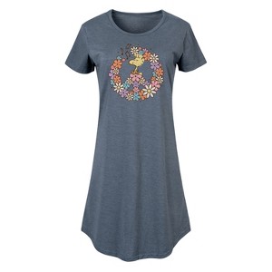 Women's - Peanuts - Floral Peace Sign Woodstock Graphic T-shirt Dress - 1 of 4