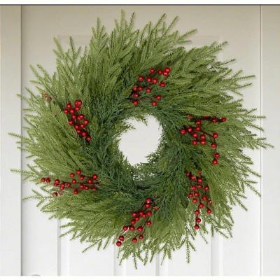 Attop Artificial Christmas Wreaths for Front Door, 26IN Large Winter Pine Wreath with Red Berries, DIY Friendly Real Touch Door Wreath