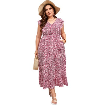 Clearlove Women's Summer Plus Size Dress Ruffle Cap Sleeveless V Neck Side Split Long Beach Maxi Dress