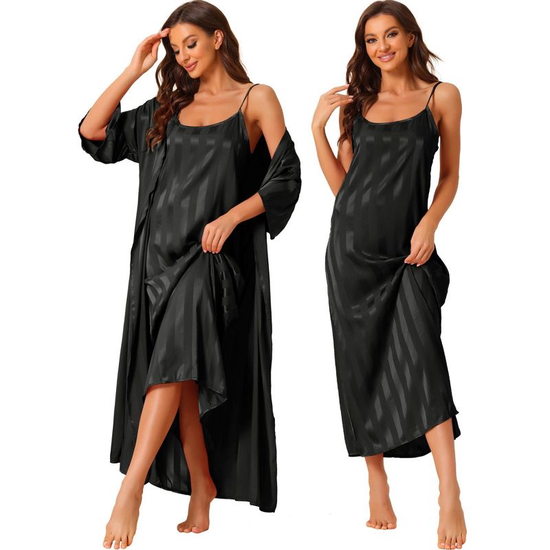 cheibear Women's 3/4 Sleeves Satin Silky Stripe 2 Pcs Pajamas Nightgowns with Robes, 1 of 6