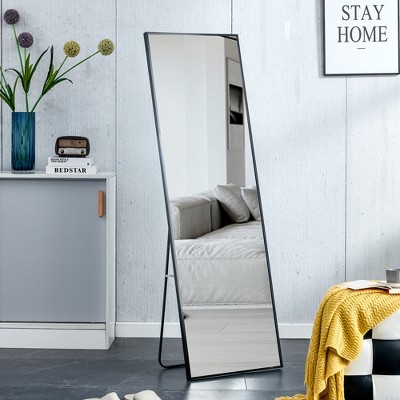 DOMETOUR Wall Mounted Full Length Mirrors Bedroom Entrance, Aluminum Alloy Metal Frame Decorative Mirror, Floor Mounted Mirror, Black 63 "* 20"