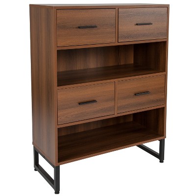 Flash Furniture Lincoln Collection 2 Shelf 41.25"H Display Bookcase with Four Drawers in Rustic Wood Grain Finish