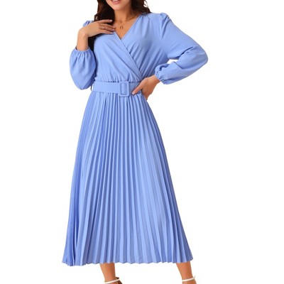 Seta T Women's Long Lantern Sleeve Wrap V Neck Flowy Ruffle Pleated Maxi Dresses