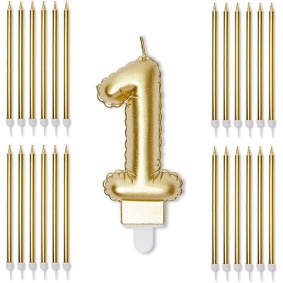 Blue Panda Gold Foil Numbers 1 Cake Topper & 24-Pack Thin Birthday Candles for 1st Birthday Party Decorations
