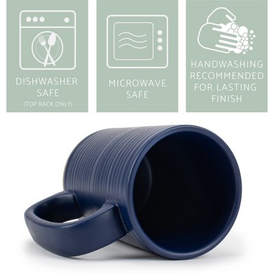 Navy Blue Ceramic Ribbed Coffee Mugs with Raw Clay Bottom, Set of 4