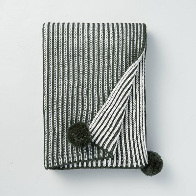 Blended Stripe Chunky Knit Poms Throw Blanket Green/White - Hearth & Hand™ with Magnolia
