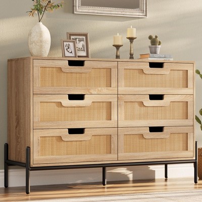 Rattan 6 Drawers Dresser, 47.2''Wx15.7''Dx32.3''H Dresser with Chest of Drawers with Anti-Tipping & Silent Slides for Bedroom, Hallway, Kids Room