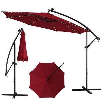 Costway 10FT Patio Solar-Lighted 112 LED Cantilever Offset Umbrella Crank Tilt Outdoor Red