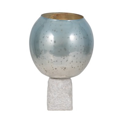 Elegant Coastal Glass & Marble Pillar Candle Holder - Handcrafted Blue Decorative Accent for Home, Office, Bedroom & Living Room - 15" Blue