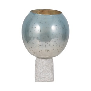 Elegant Coastal Glass & Marble Pillar Candle Holder - Handcrafted Blue Decorative Accent for Home, Office, Bedroom & Living Room - 15" Blue - 1 of 4