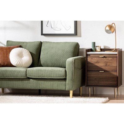 Natural Walnut and White Stone 2-Drawer End Table with Brass Legs