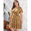 Women Plus Size V Neck Wrap Dress High Waist Short Sleeve Ruffle Casual Summer Midi Dress with Belt,yellow white,3XL - 4 of 4