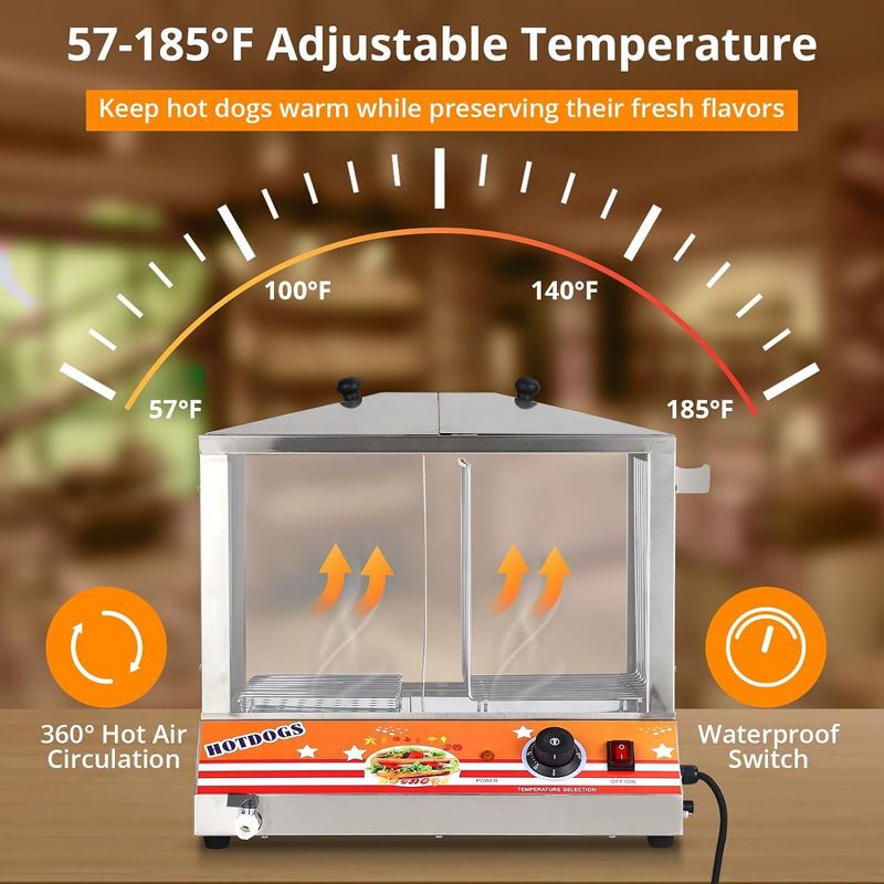 100 Hot Dogs 48 Buns Hot Dog Steamer Stand Warmer 38 QT Adjustable Temperature, 3 of 8