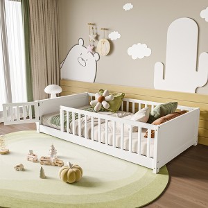 Whisen Twin Size Montessori Floor Platform Bed with Built-in Book Storage Rack on Headboard - 1 of 4