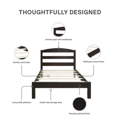 Espresso Pine Twin Platform Bed with Upholstered Headboard