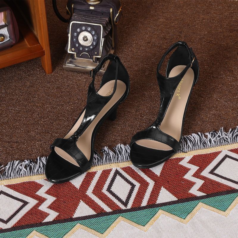 Allegra K Women's T-Strap Embossed Kitten Heel Sandals, 2 of 7