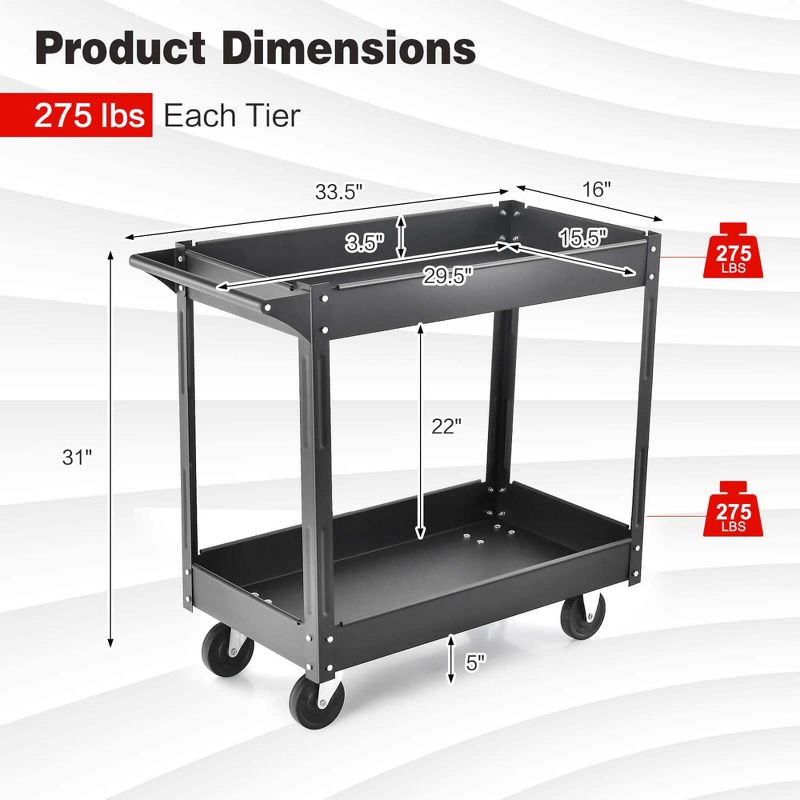 Costway 2-Tier Utility Cart Metal Service Cart Rolling Tool Storage Organizer with Handle, 3 of 9