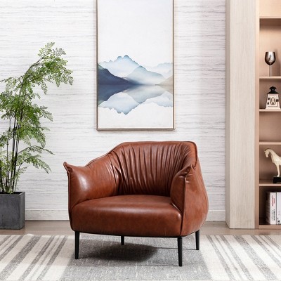 KINWELL 33" Wide Faux Vegan Leather Upholstery Barrel Chair with Metal Legs