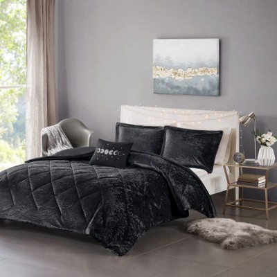 Sapphtopaz 4-Piece Full/Queen Velvet Duvet Cover Set, Diamond Quilted Queen Quilt Bedding Set with 2 Shams & Pillow -Black