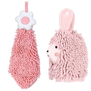 REGALWOVEN Soft Absorbent Flower Pattern and Sheep Pattern Chenille Hand Towel with Loop 6" x 15"/7" x 11" 2 Pcs - 1 of 4