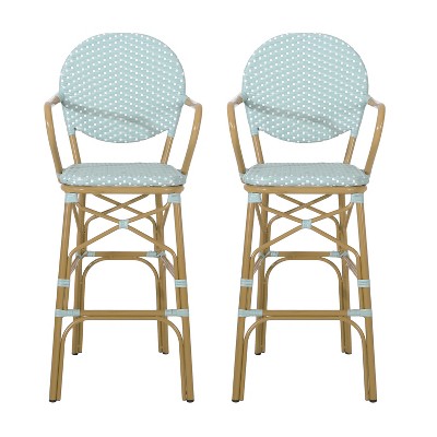 GDFStudio Danberry Outdoor Wicker and Aluminum 29.5 Inch French Barstools (Set of 2), Light Teal