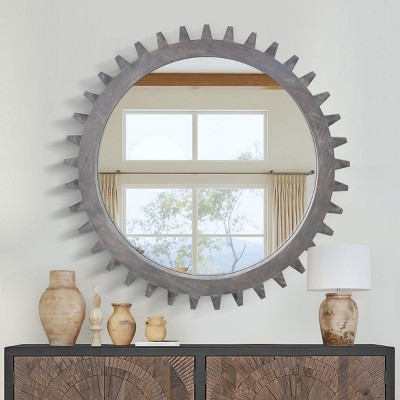 Unique Wall Mirrors,Decorative Circle Mirrors,Round Wood Framed Mirror,Gear Mirror For Bathroom Living Room Office Or Hallway-The Pop Home