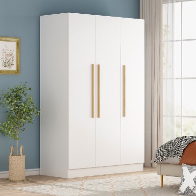 Image of Homsee 3-Door White Armoire Clothes Storage Solid Wood Handles Wardrobe
