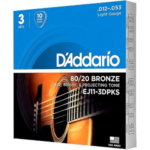 D'Addario EJ11-3DPKS 80/20 Bronze Light Acoustic Guitar Strings 3-Pack with 10 Picks - 1 of 4