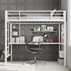 Acekool Twin Size Metal Loft Bed with Desk and Storage Shelves, Guardrail & Ladder, Space-Saving Bed for Kids Teens Adults, White/Black - 1 of 4
