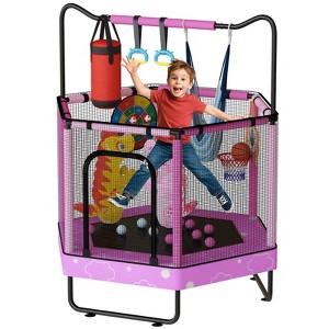 Hooseng 55" Hexagon Trampoline for Kids with Safety Enclosure Net, Indoor & Outdoor Toddler Trampoline with Adjustable Gymnastics Bar & Toys - 1 of 4