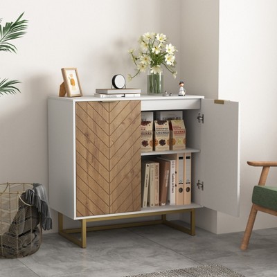 VYNXARIA White and Gold Storage Cabinet with 2 Doors, Modern Buffet Sideboard Cabinet, Kitchen Buffet Cabinet with Storage Sideboard Buffet