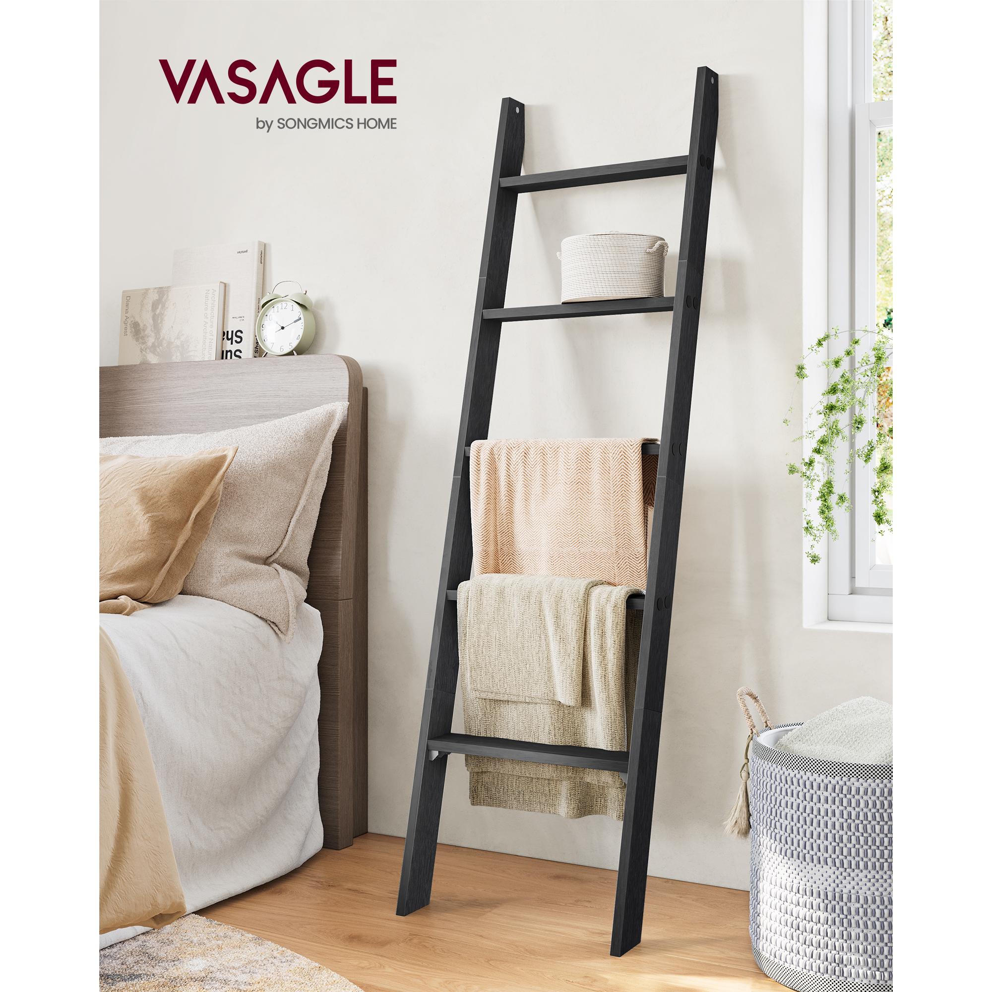 5-Tier Rustic Blanket Ladder Shelf | Farmhouse Decor Storage Organizer | Wooden Display Rack for Home, Ebony Black