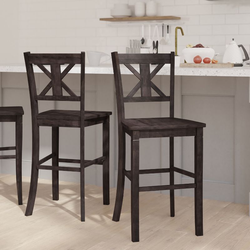 Emma and Oliver Set of 2 Wooden Modern Farmhouse Bar Height Dining Stool with Decorative Carved Backrest and Wood Seat, 2 of 4