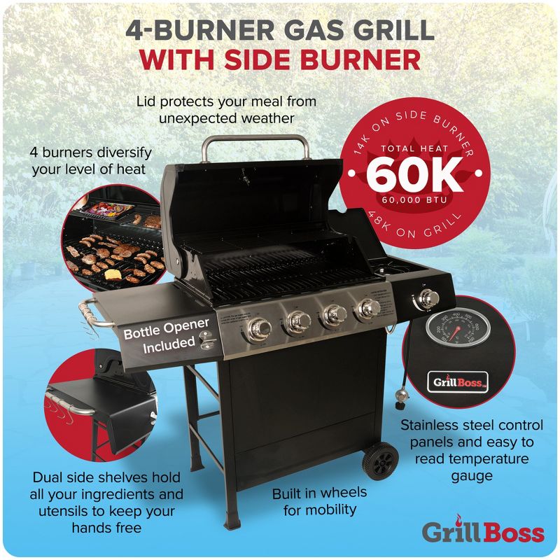 Grill Boss Outdoor BBQ Burner Propane Gas Grill for Barbecue Cooking with Side Burner, Lid, Wheels, Shelves and Bottle Opener, 3 of 8