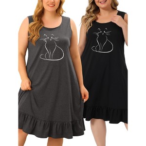 Agnes Orinda Women's Plus Size Cat Pattern Ruffle Hem Sleeveless Comfy Packs Nightgowns - 1 of 4