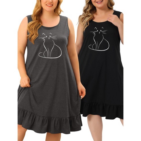 Agnes Orinda Women's Plus Size Cat Pattern Ruffle Hem Sleeveless Comfy Packs Nightgowns - image 1 of 4