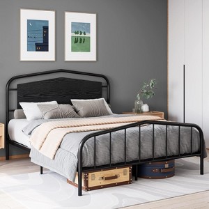Metal Full Bed Frame with Wooden Headboard, Wrought Iron Metal Platform Bed Frame, Under Bed Storage, No Box Spring Required, Easy Assembly, Brown - 1 of 4