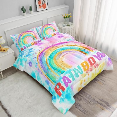 3Pcs Rainbow Tie-Dye Comforter Set Full Size – Gradient Rainbow Bedding with 1 Comforter & 2 Pillowcases, Cute Galaxy Quilt Set for Girls & Teens