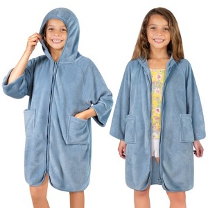 SUN CUBE Fleece Zipper Hooded Towel Robe for Kids, Zip Up Swim Beach Cover Up, Bath Surf Changing Girls Boys 7-10 Years - 1 of 4