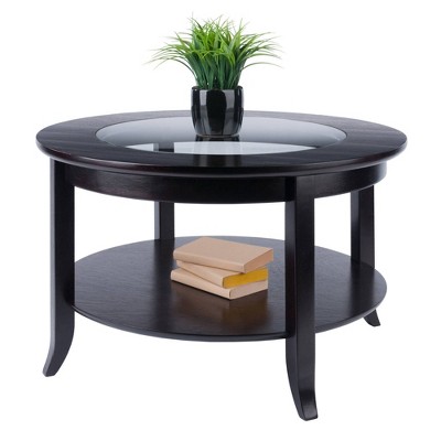Espresso Round Wood and Glass Coffee Table with Shelf