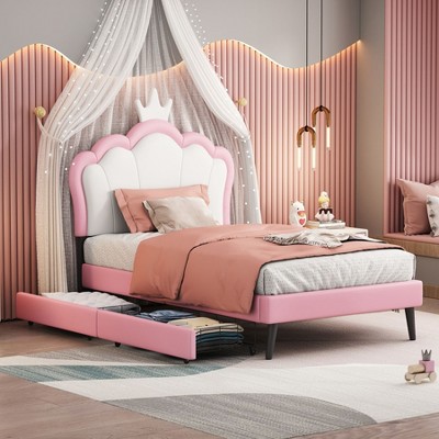 NicBex Twin Size Princess Upholstered Bed Frame with Crown-Shaped Headboard for Girls,Solid Wood Slats Support,Easy Assembly,White+Pink/Pink+White