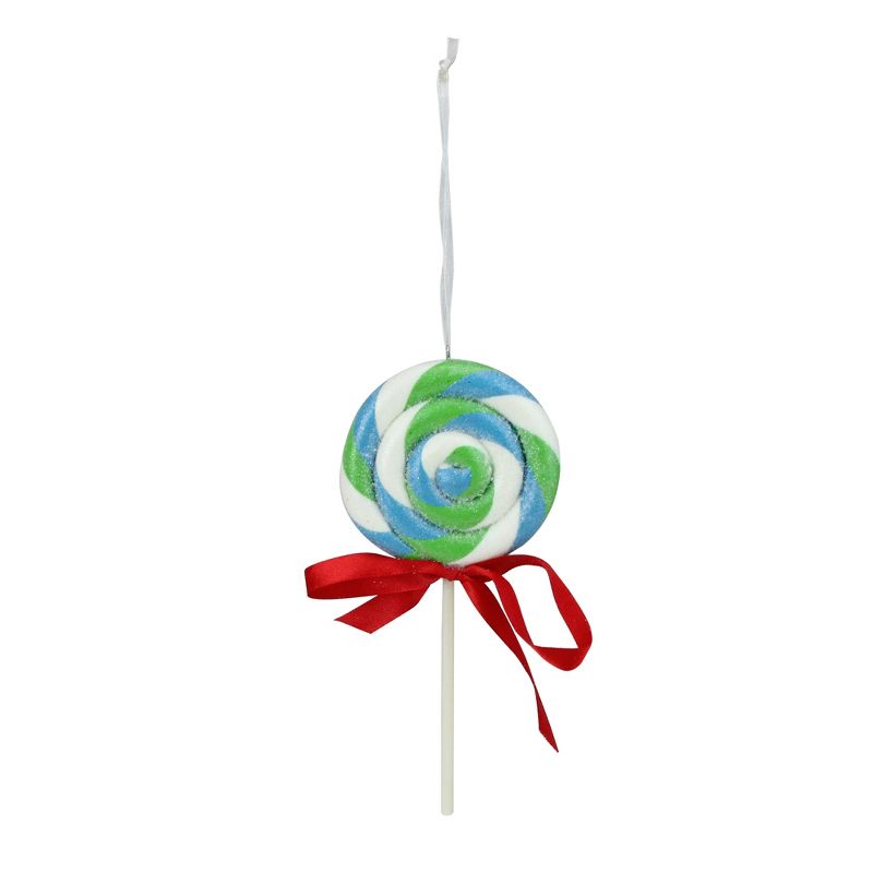 Northlight 6" Blue, Green and White Glittered Twist Lollipop with Red Bow Christmas Ornament, 1 of 3