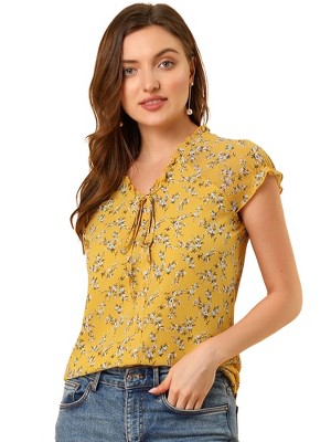 Allegra K Women's Summer Floral Chiffon Tie V Neck Ruffled Short Sleeve Shirt
