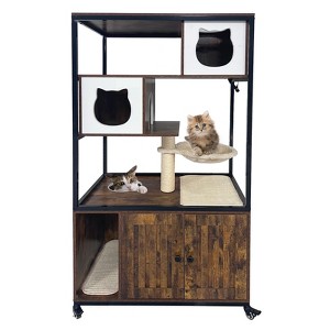 Hidden Litter Box Enclosure with Cat Tree - Wooden Cabinet w/Wheels, Hammock & Scratching Post, Retro Brown - 1 of 4