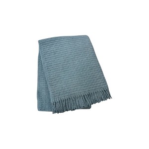 HomeRoots 55" X 70" Slate Blue Cotton Blend Waffle Weave Throw Blanket with Fringe - 1 of 4